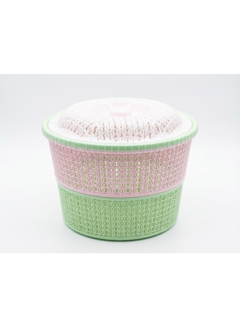 Round Plastic Clothespin & Storage Basket with Lid - Woven Design Multipurpose Organizer Bin - Pastel Green & Pink - Image 5